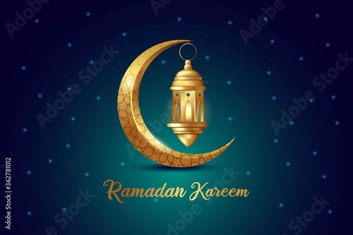 Ramadan kareem islamic greeting design with golden moon and glow lantern illustration