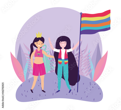 pride parade lgbt community, funny girls with crown and flag rainbow