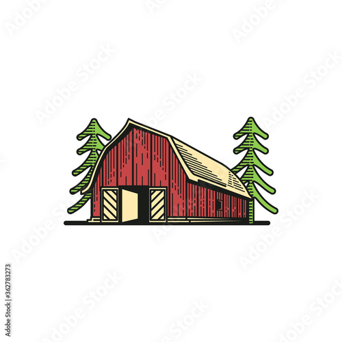 red barn with vintage style on white background