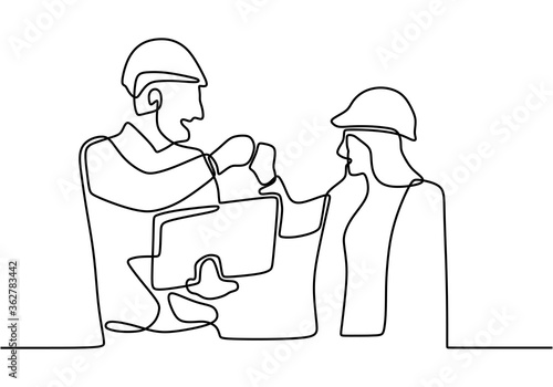 continuous one line drawing of young architect discussing construction design with foreman manager with minimalist design isolated in white background