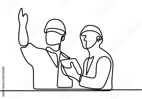 one line drawing engineer Real estate business Working as a team Vector illustration