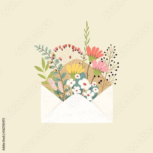 Romantic symbol letter with message of spring, summer or love, cute envelope. Vector floral illustration with flowers, branches and leaves.