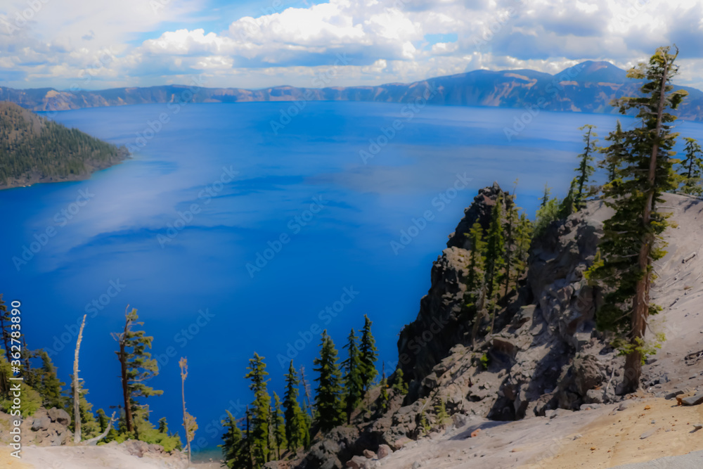 Blur Picture. Beautiful Nature in Summer Season at Crater Lake National Park Famous Tourist Attractions in Oregon State, USA. Blur Picture. Beautiful Nature in Summer Season at Crater Lake National Park Famous Tourist Attractions in Oregon State, USA.