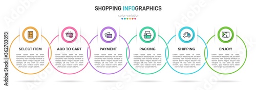 Concept of shopping process with 6 successive steps. Six colorful graphic elements. Timeline design for brochure, presentation, web site. Infographic design layout.