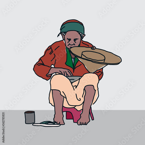 illustration of an old grandmother begging with slippers and a tin next to her