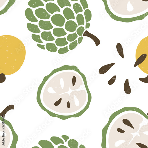 Cute soursop seamless pattern. Ripe soursop(annona) and soursop lobules on white background. Vector shabby hand drawn illustration