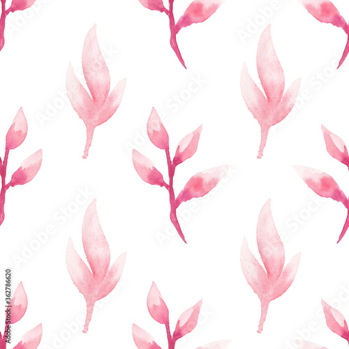 Pink-purple watercolor twigs and leaves isolated on a white background. Raster square seamless floral print.