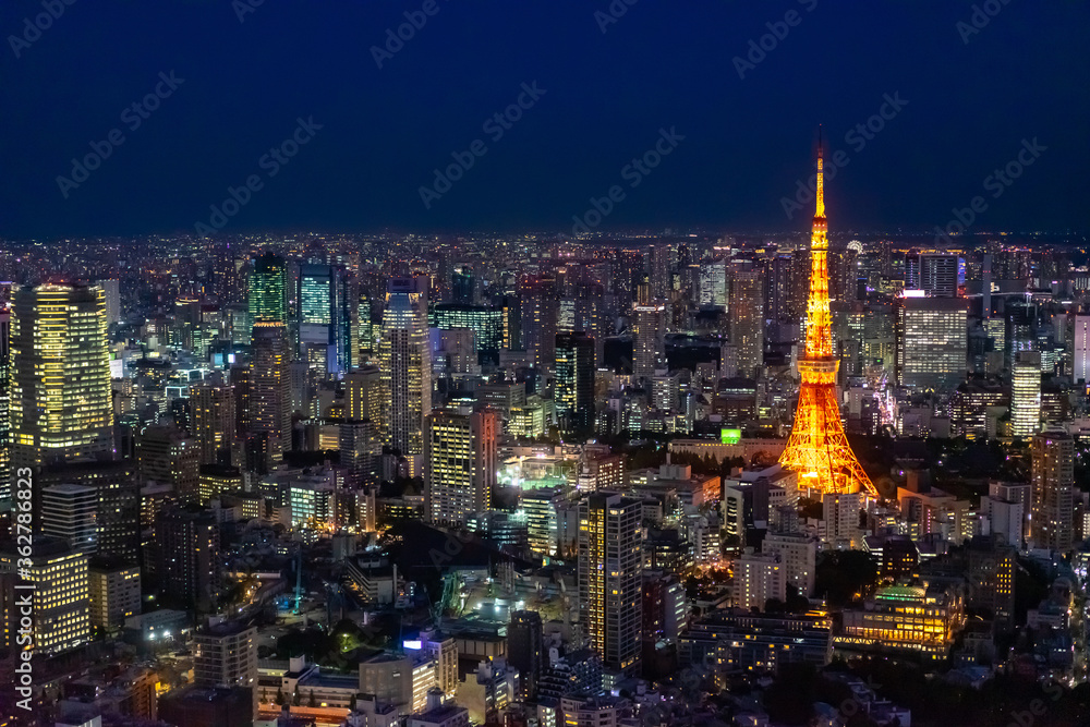 Fototapeta premium Japan. Tokyo night panorama view from above. The lights of the night city in Japan. Evening Tokyo bird's eye view. Cities of Japan with a drone. Japanese city landscape.
