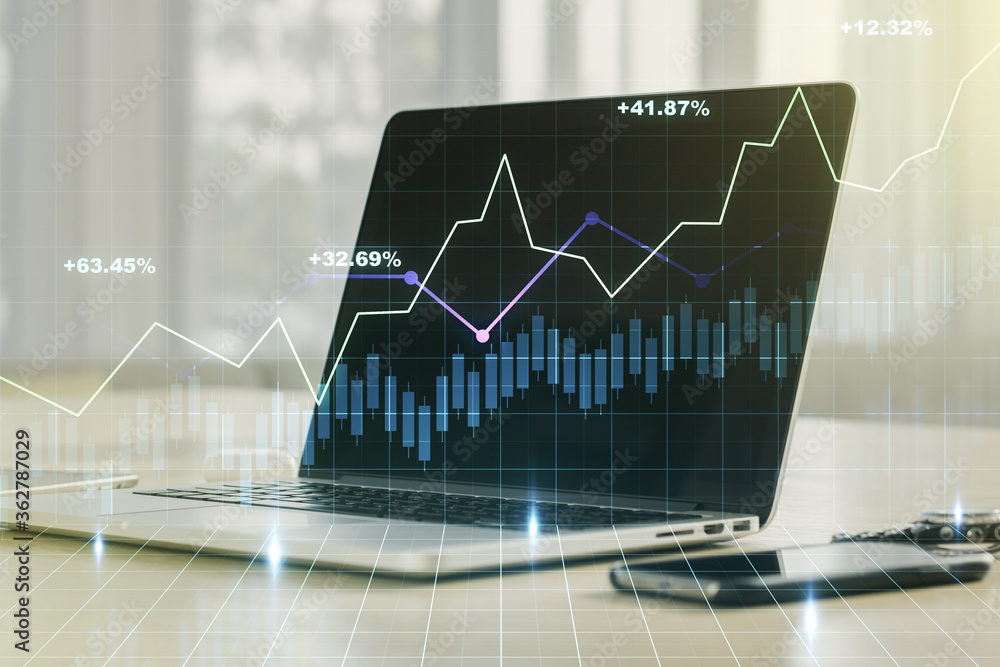 Multi exposure of abstract creative financial graph on modern computer background, forex and investment concept