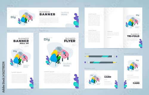 Isolon work flower. Set flyer cover, tri-fold, banner, roll up banner, business card