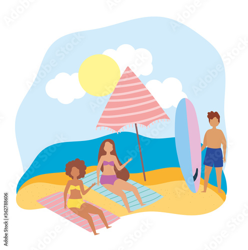 summer people activities, girls resting on towels and man with surfboard, seashore relaxing and performing leisure outdoor