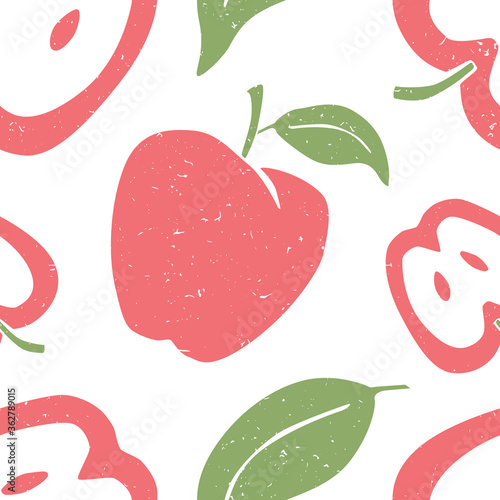 Apple seamless pattern. Ripe apple and apple slice on white background.  Can be used for wallpaper, fabric, wrapping paper or decoration. Vector shabby hand drawn illustration