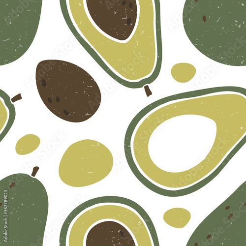 Cute avocado seamless pattern. Ripe avocado, avocado lobules and seeds on white background. Vector shabby hand drawn illustration