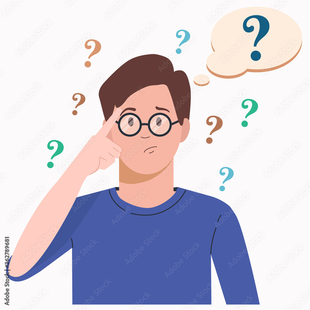 Portrait of young troubled man. Boy with question mark in think bubble. People thinking or solving problem. Dilemma vector flat cartoon concept illustration isolated on white background. Portrait of young troubled man. Boy with question mark in think bubble. People thinking or solving problem. Dilemma vector flat cartoon concept illustration isolated on white background.