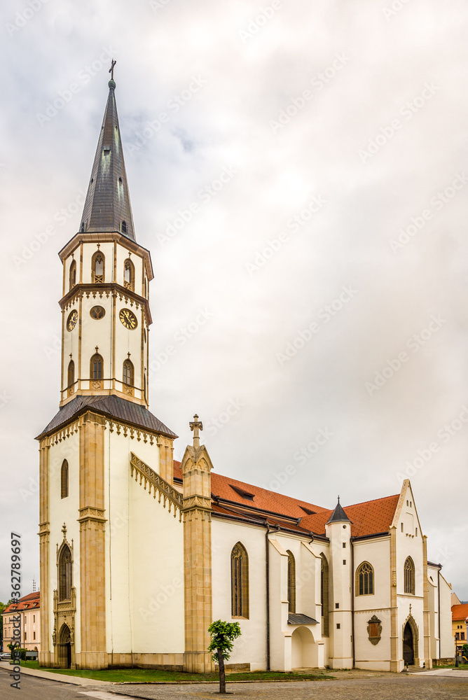 View at the Basilica of Saint James at the Master Pavol Square in Levoca, Slovakia