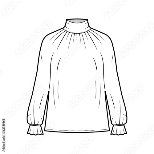 Turtleneck blouse technical fashion illustration with long sleeves, flouncy ruffled cuffs, oversized body. Flat apparel template front, white color. Women men unisex garment CAD mockup