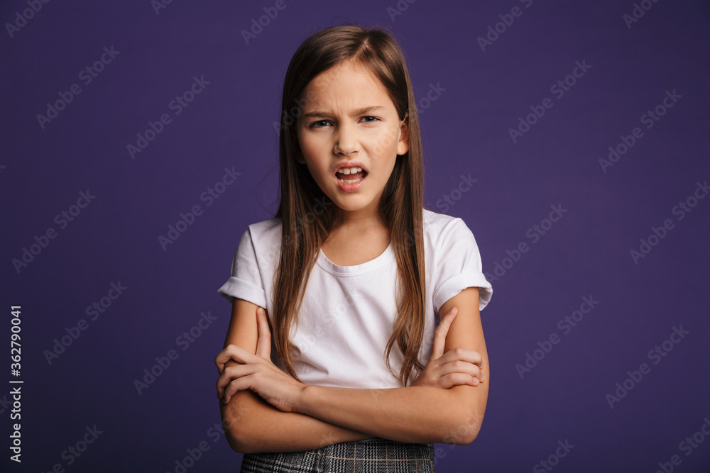 Obraz premium Photo of irritated beautiful girl screaming and holding hands crossed