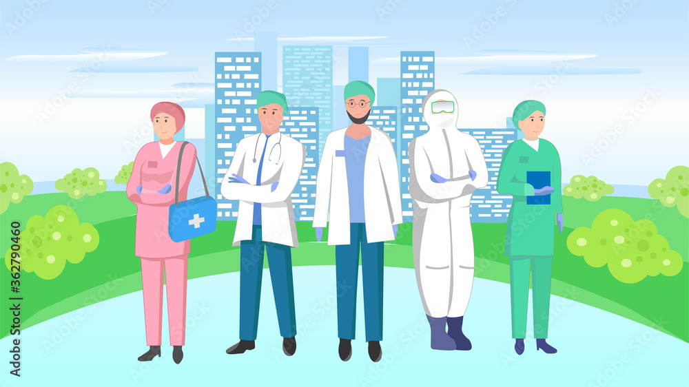 Vector illustration of a medical team on a city background