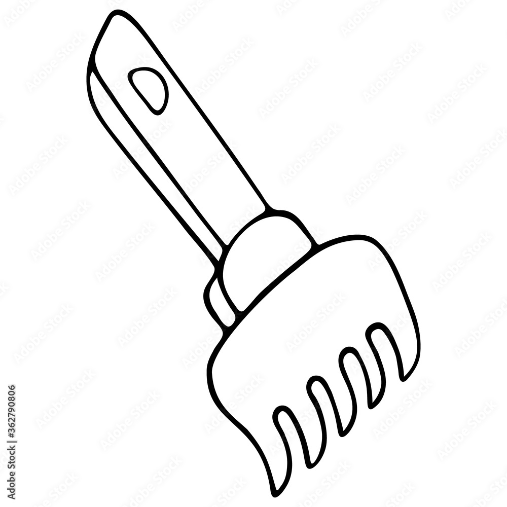 Rake. Sketch. Vector. Outline on an isolated white background. Doodle style. Children toy for beach games and cleaning fallen leaves. Inventory for the development of fine motor skills of the child. Rake. Sketch. Vector. Outline on an isolated white background. Doodle style. Children toy for beach games and cleaning fallen leaves. Inventory for the development of fine motor skills of the child.