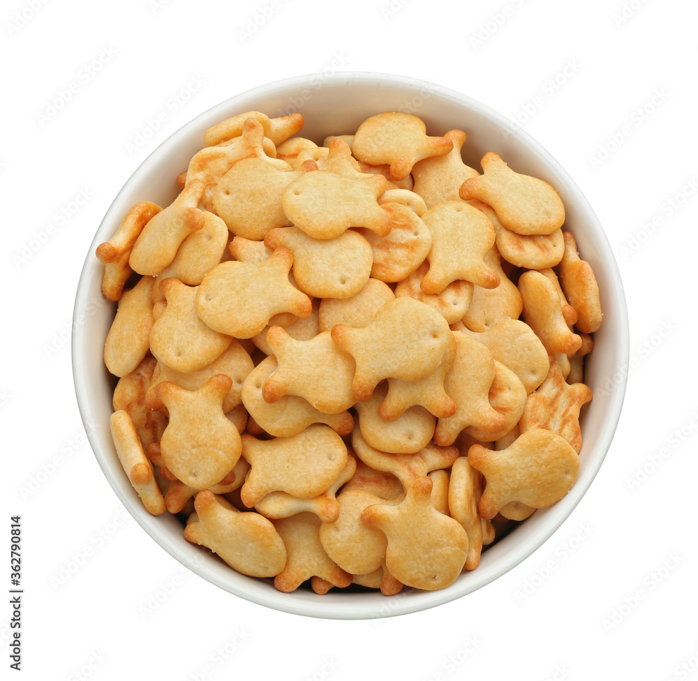 Delicious goldfish crackers in bowl isolated on white, top view Delicious goldfish crackers in bowl isolated on white, top view