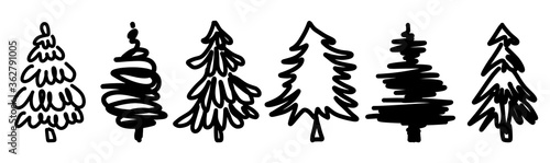 Set of hand drawn christmas trees. Holidays background. Abstract doodle drawing of a forest. Isolated on white background.Vector illustration.