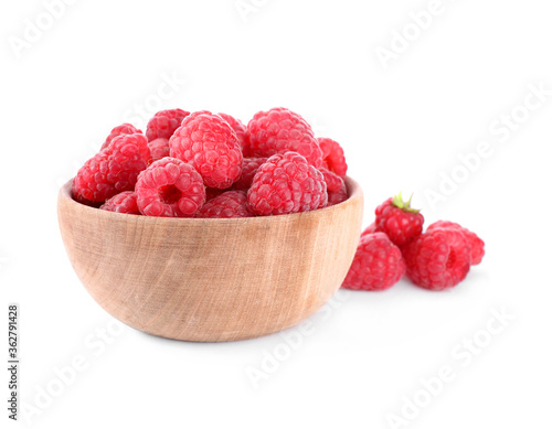 Delicious fresh ripe raspberries in wooden bowl isolated on white