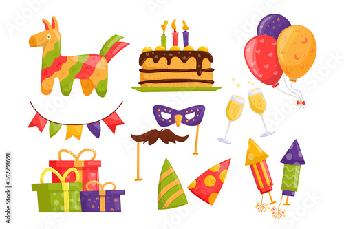 Party set. Carnival festive objects. Party time stuff. Birthday elements collection. Vector cartoon illustration.