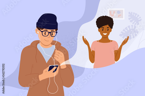 Man with smartphone makes video call with young black woman. Online conference, virtual meeting with friend or colleague. Girl and guy talk by mobile phone. Remote communication vector illustration