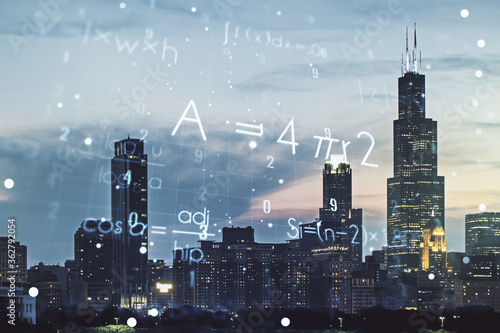 Abstract scientific formula hologram on Chicago skyline background. Multiexposure
