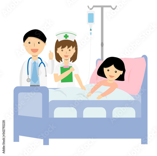 Doctor and nurse come to check up patient's sympton who lying on the bed and having an intravenous fluid on right hand vector