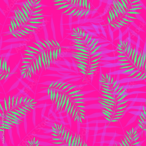 Seamless pattern of palm leaves. Vector illustration of summer leaves on a colored background. Wallpaper.