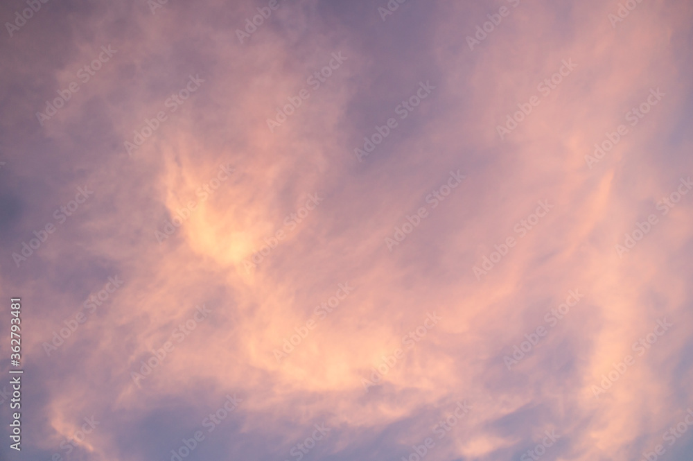 Pink sunset sky with pearly clouds