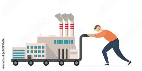 Industry relocation. Worker man push cart with industrial factory. Global relocation of production and equipment.