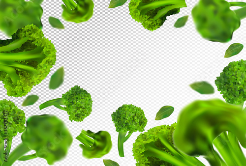 Broccoli background. Flying fresh broccoli cabbage with green leaf on transparent background. 3D realistic vegetables. Falling broccoli. Nature product. Vector illustration.