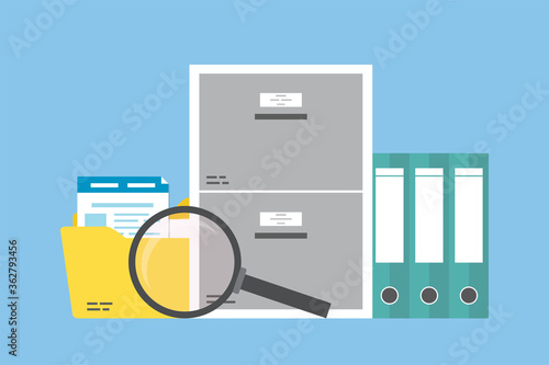 Storage box with magnifying glass and file binders, folder with documents. Files search. File manager, data storage and indexing.