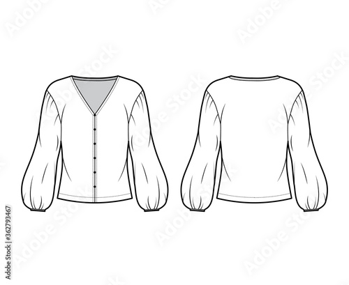 Blouse technical fashion illustration with V neck, dropped voluminous sleeves, oversized body. Flat apparel shirt template front, back, white color. Women men and unisex top CAD mockup