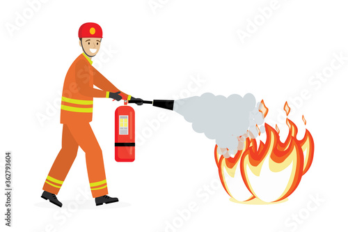 Fireman in uniform holds red fire extinguisher. Cartoon male worker extinguishes a fire