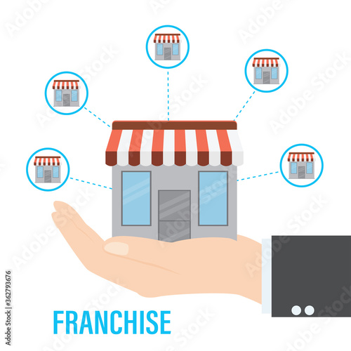 Franchise business concept. Hand holding shop, isolated on white background. Franchise marketing system. Chain stores.