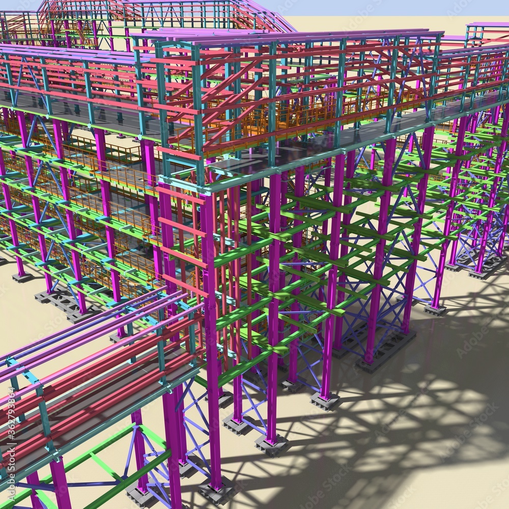 Structural BIM model of a large industrial building. Presentation of BIM design and construction technology for the construction customer. 3D rendering.
