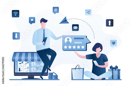 Internet store owner receives feedback on work. Woman client send positive review. Service quality assessment. Testimonials
