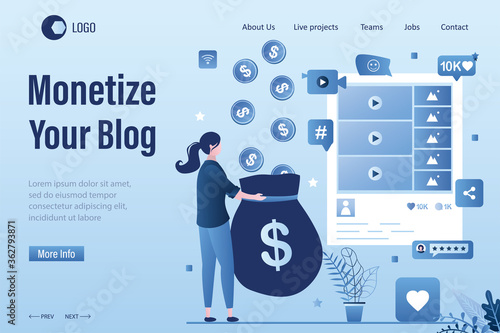 Monetize your blog landing page template. Businesswoman blogger creates media content and receives payments.