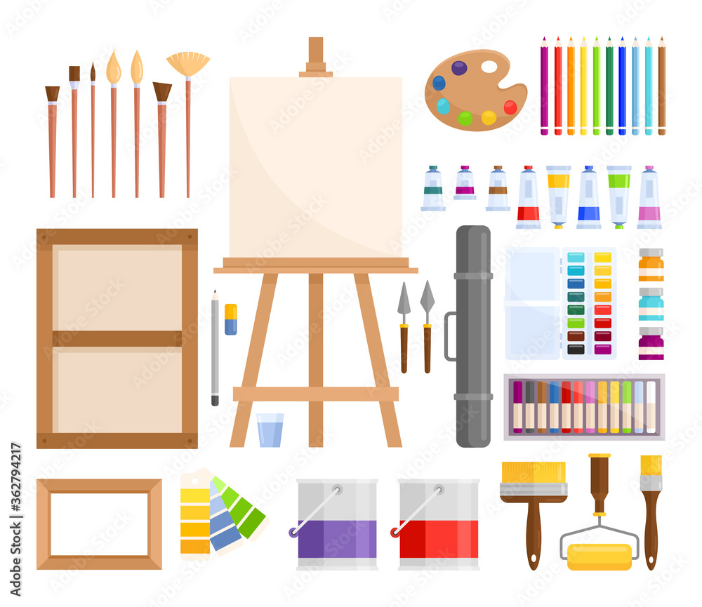 Art tools. Vector set of flat art supplies, instruments for painting, drawing, sketching in cartoon style. Easel, brushes, palette, canvas, pencils, paints, watercolor for Art studio and exhibition.