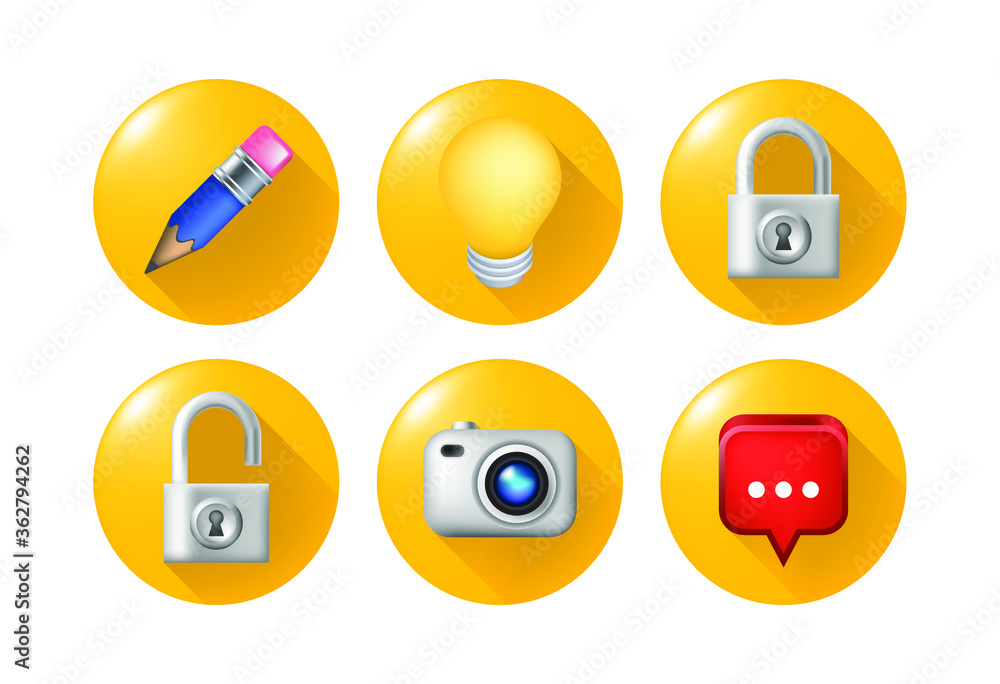 Set of Realistic Cute Elegant Technological Icons on Yellow Buttons on White Background . Isolated Vector Illustration Set of Realistic Cute Elegant Technological Icons on Yellow Buttons on White Background . Isolated Vector Illustration