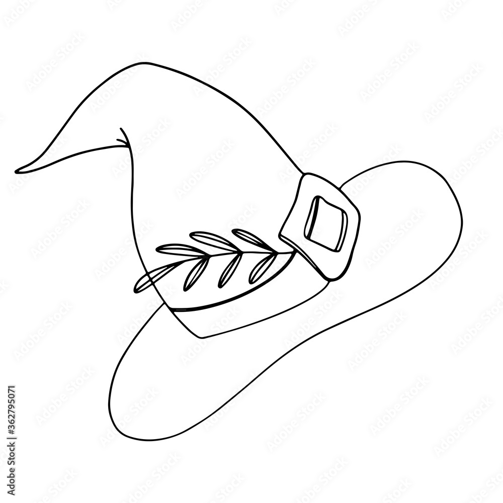 Mystical occult magic witch hat with a sprig of rosemary herb. Digital