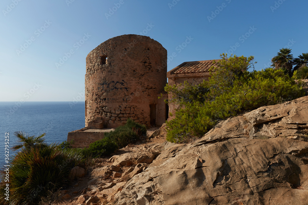 Panoramic of the La Trapa tower, located in San Telmo, a small town that is part of the Spanish municipality of Andrach, in Mallorca, Spain