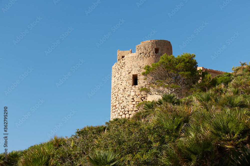 Panoramic of the La Trapa tower, located in San Telmo, a small town that is part of the Spanish municipality of Andrach, in Mallorca, Spain