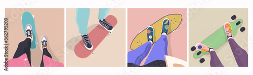 Set of various view from above. Female ride on skateboard. Trendy vector illustration.