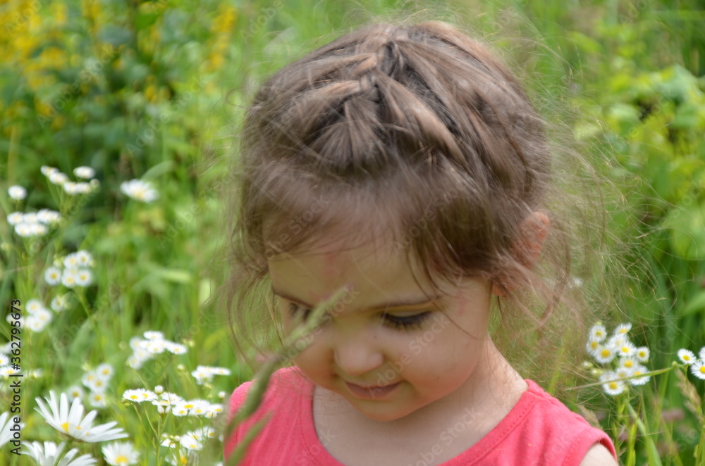 outdoor portrait Cute smiling baby girl in camomile field .Adorable girl with blue eyes and flowers daisies on meadow at summer day.Little child having fun and exploring nature. Copy space outdoor portrait Cute smiling baby girl in camomile field .Adorable girl with blue eyes and flowers daisies on meadow at summer day.Little child having fun and exploring nature. Copy space