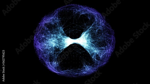 Glowing Neural Network Sphere, Visualization of AI, Artificial Intelligence web, futuristic computing power, circular network of purple and blue dots and lines moving in an energy vortex in space, 4K.