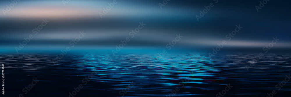 Light neon effect, energy waves on a dark abstract background. Laser colorful neon show. Reflection of light in the water. Dark sky, ocean. Smoke, fog. 3d illustration Light neon effect, energy waves on a dark abstract background. Laser colorful neon show. Reflection of light in the water. Dark sky, ocean. Smoke, fog. 3d illustration